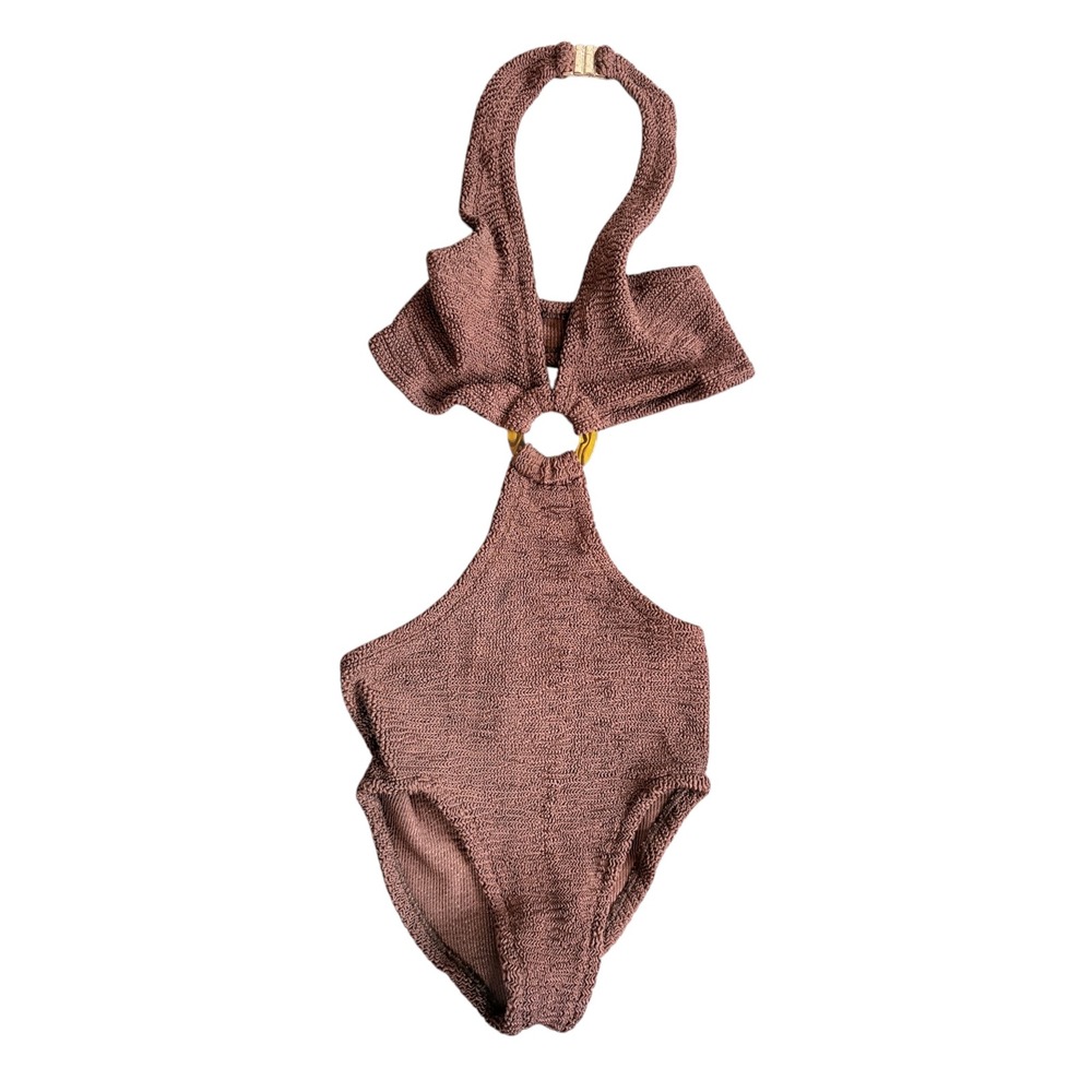 Hunza G Ursula Halter One Piece Swimsuit Brown Crinkle Cutout Monokini One Size - Picture 14 of 14